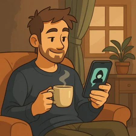 A bearded man comfortably seated in an armchair, holding a steaming cup of coffee in one hand and a smartphone in the other. He smiles while looking at the screen, where an anonymous silhouette is displayed. The indoor atmosphere is warm, with a plant, a curtain, and a window in the background.