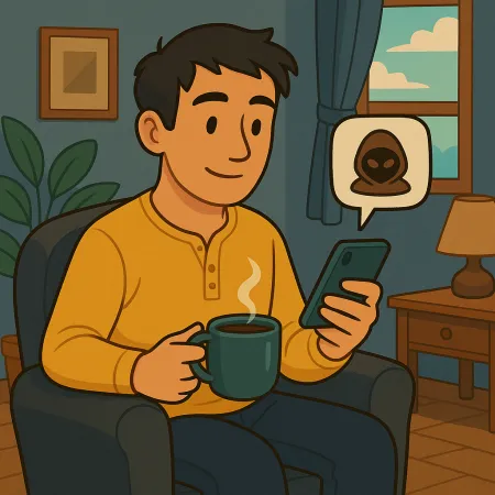 Man sitting comfortably in an armchair, holding a steaming cup of coffee and checking his smartphone, with a message bubble displaying an anonymous mask or hacker icon, in a cozy living room with a window, lamp, and plant