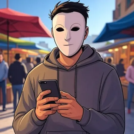 A young animated man wearing a white mask and a grey hoodie, looking at his phone in an outdoor market.