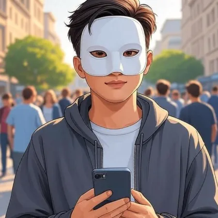 A young man with an animated style wearing a white mask and a grey hoodie, looking at the camera while holding a smartphone in a crowded street.