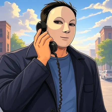 A man wearing a white mask, a dark jacket, and a blue t-shirt, speaking into the receiver of an old black phone, with a city street in the background.