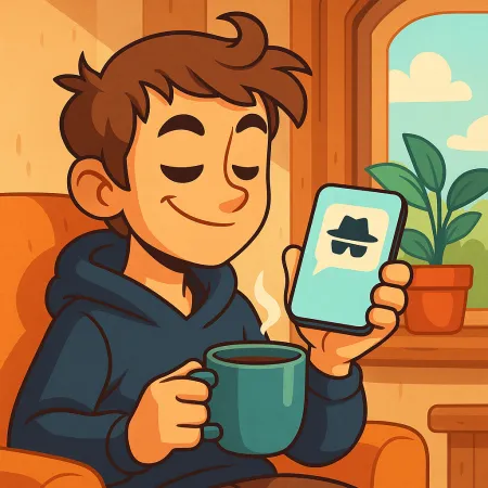 Illustration of a smiling young man, comfortably seated with a cup of coffee, holding a smartphone displaying an anonymous message icon with a hat and sunglasses.